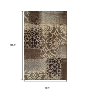 Homeroots 8' X 10' Ivory Light Blue Damask Distressed Stain Resistant Area Rug  Polypropylene 486775