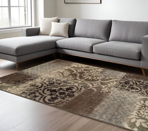HomeRoots 8' Elegant Ivory Brown and Gray Damask Distressed Area Rug - Durable, Stain-Resistant, Timeless Design 8' X 10' 486775
