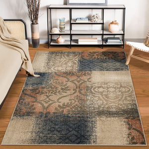 Homeroots 8' X 10' Navy And Salmon Damask Distressed Stain Resistant Area Rug  Polypropylene 486776