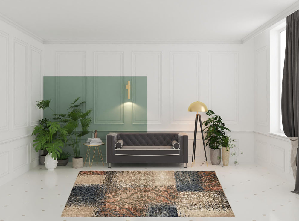 Homeroots 8' X 10' Navy And Salmon Damask Distressed Stain Resistant Area Rug  Polypropylene 486776