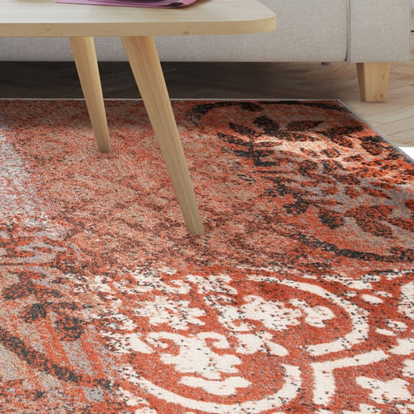 Homeroots 8' X 10' Rust And Gray Damask Distressed Stain Resistant Area Rug  Polypropylene 486777