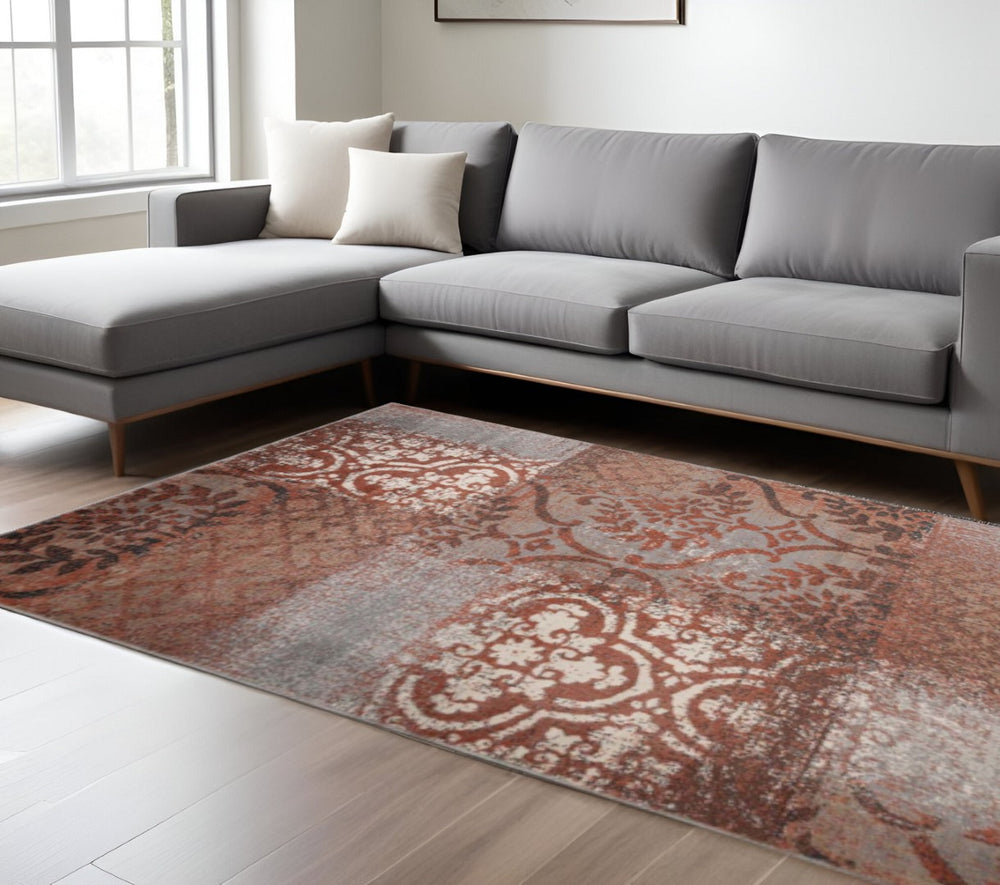 HomeRoots 7' Distressed Rust and Gray Damask Area Rug - Timeless Elegance for Your Living Space and Home Decor 8' X 10' 486777