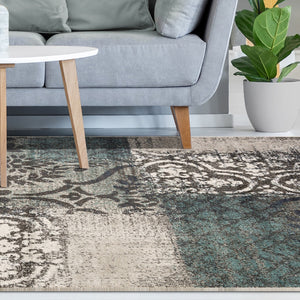 Homeroots 8' X 10' Teal And Gray Damask Distressed Stain Resistant Area Rug  Polypropylene 486778