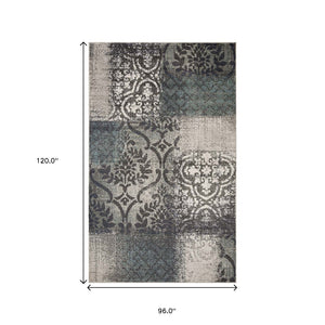 Homeroots 8' X 10' Teal And Gray Damask Distressed Stain Resistant Area Rug  Polypropylene 486778