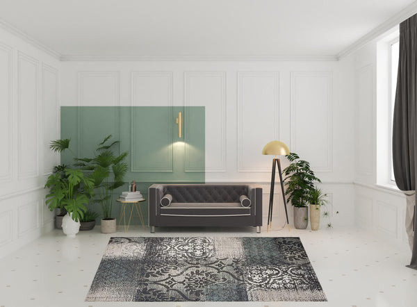 Homeroots 8' X 10' Teal And Gray Damask Distressed Stain Resistant Area Rug  Polypropylene 486778