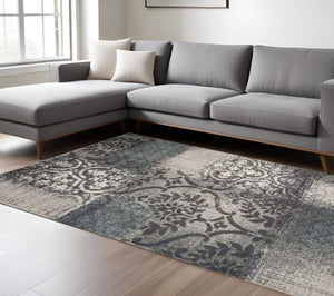 HomeRoots 8' Elegant Teal and Ivory Damask Distressed Area Rug for Durable, Stylish Home Décor Solutions 8' X 10' 486778