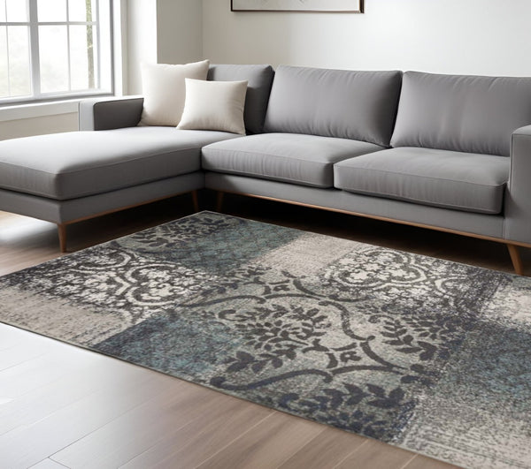 HomeRoots 8' Elegant Teal and Ivory Damask Distressed Area Rug for Durable, Stylish Home Décor Solutions 8' X 10' 486778