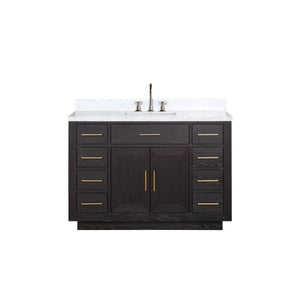 English Elm Black Oak Single Bath Vanity 48" W x 22" D with Carrara Marble Top, Chrome Gooseneck Faucet, Soft-Close Cabinet B2731P260825
