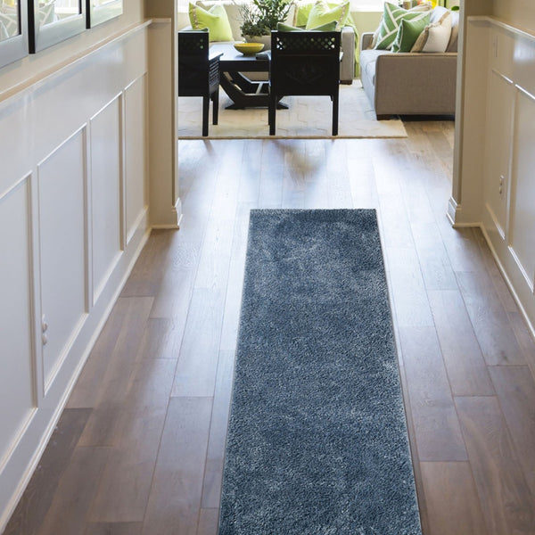 Homeroots 8' Blue Shag Runner Rug - Soft, Stain Resistant & Stylish For Homes With Kids And Pets, 1.69" Thick  Polypropylene 486780