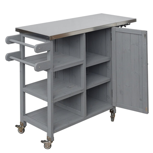 English Elm Foldable Outdoor Kitchen Cart with Stainless Worktop Fir Wood Frame and Lockable Wheels Grey N719P380281K