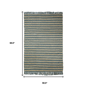 Homeroots 5' X 8' Teal Chevron Hand Woven Stain Resistant Area Rug With Fringe  Jute,Cotton 486819