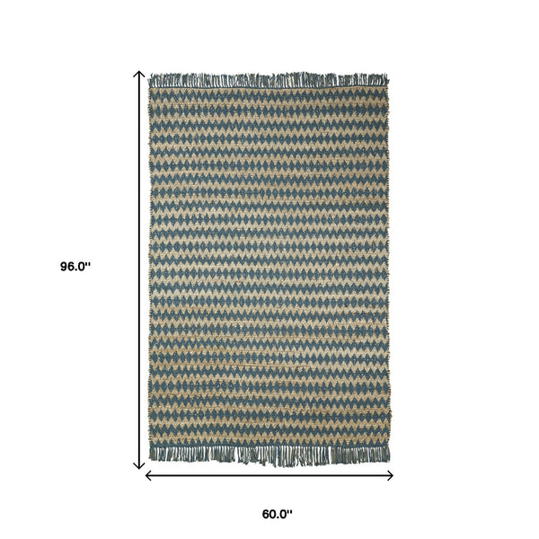 Homeroots 5' X 8' Teal Chevron Hand Woven Stain Resistant Area Rug With Fringe  Jute,Cotton 486819