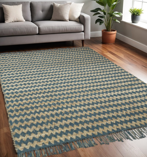 HomeRoots 5' X 8' Hand-Woven Chevron Area Rug with Fringe - Stain Resistant, Durable, and OEKO-TEX Certified Teal 486819