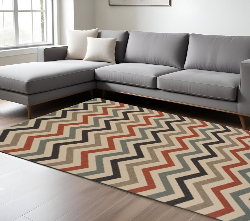 HomeRoots 5' X 8' Hand-Woven Chevron Area Rug with Fringe - Stain Resistant, Durable, and OEKO-TEX Certified Stone 486829