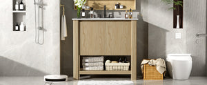 English Elm Christopher Knight Home® - 36" Modern Wall-Mounted Bathroom Vanity with Ceramic Sink, Soft-Close Doors, Fluted Accent & Open Shelves Antique Natural N817P245321N