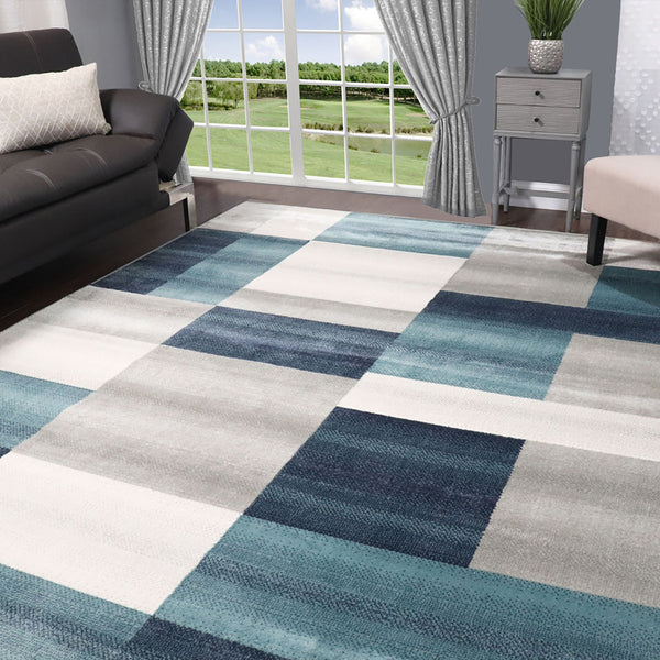 Homeroots 5' X 8' Teal And Gray Patchwork Power Loom Stain Resistant Area Rug  Polypropylene 486852