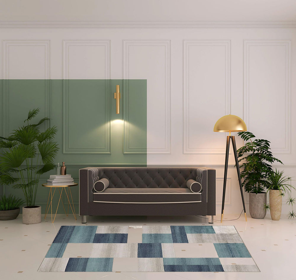 Homeroots 5' X 8' Teal And Gray Patchwork Power Loom Stain Resistant Area Rug  Polypropylene 486852