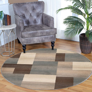 HomeRoots 7' Versatile Gray Tan Brown Patchwork Area Rug - Durable, Stain-Resistant Design for Everyday Living 8' Round 486858