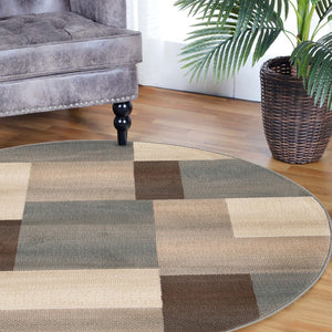 HomeRoots 7' Versatile Gray Tan Brown Patchwork Area Rug - Durable, Stain-Resistant Design for Everyday Living 8' Round 486858