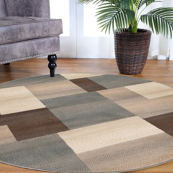 HomeRoots 7' Versatile Gray Tan Brown Patchwork Area Rug - Durable, Stain-Resistant Design for Everyday Living 8' Round 486858