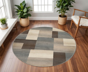 HomeRoots 7' Versatile Gray Tan Brown Patchwork Area Rug for High-Traffic Spaces - Durable & Stain Resistant 8' Round 486859