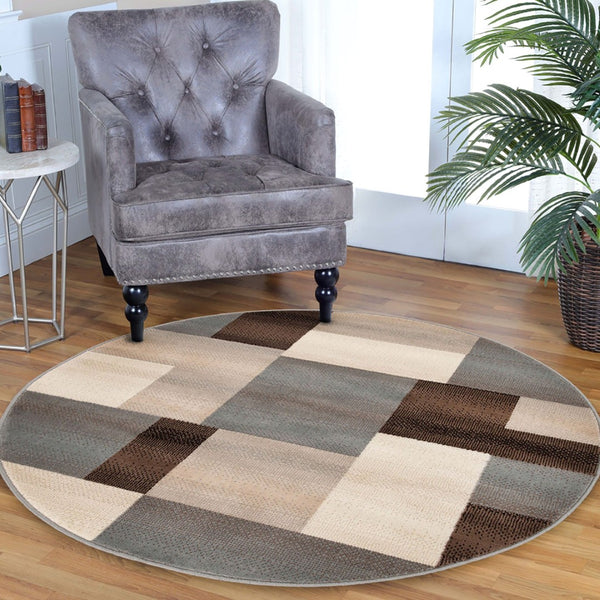 HomeRoots 7' Versatile Gray Tan Brown Patchwork Area Rug for High-Traffic Spaces - Durable & Stain Resistant 8' Round 486859
