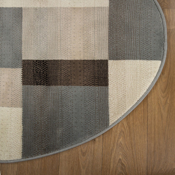 HomeRoots 7' Versatile Gray Tan Brown Patchwork Area Rug for High-Traffic Spaces - Durable & Stain Resistant 8' Round 486859
