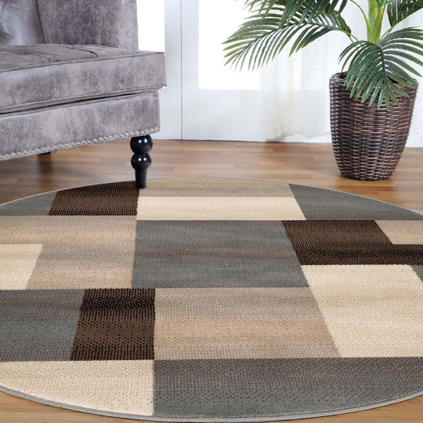 HomeRoots 7' Versatile Gray Tan Brown Patchwork Area Rug for High-Traffic Spaces - Durable & Stain Resistant 8' Round 486859