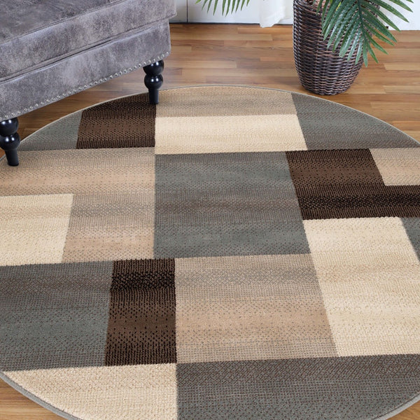 HomeRoots 7' Versatile Gray Tan Brown Patchwork Area Rug for High-Traffic Spaces - Durable & Stain Resistant 8' Round 486859