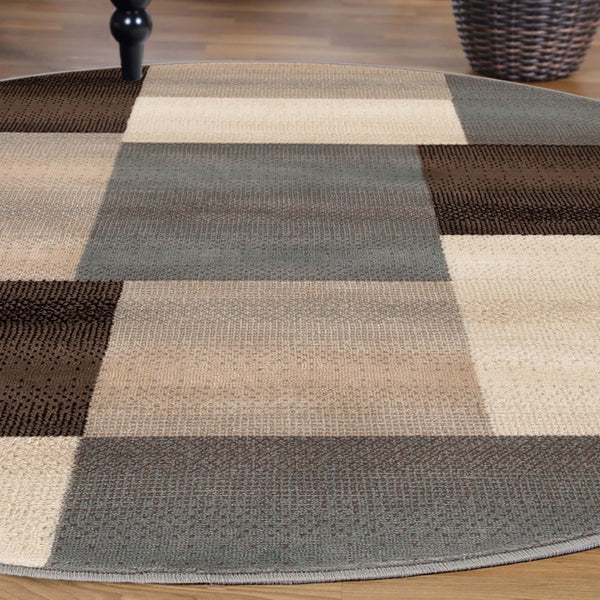 HomeRoots 7' Versatile Gray Tan Brown Patchwork Area Rug for High-Traffic Spaces - Durable & Stain Resistant 8' Round 486859