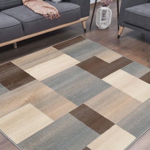 Homeroots 8' Square Grey Square Patchwork Power Loom Stain Resistant Area Rug  Polypropylene 486864