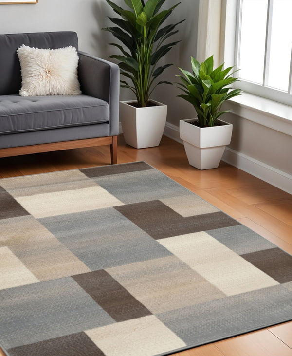 HomeRoots 7' Versatile Gray Tan Brown Patchwork Area Rug - Durable, Stain-Resistant Design for Everyday Living 8' Square 486864