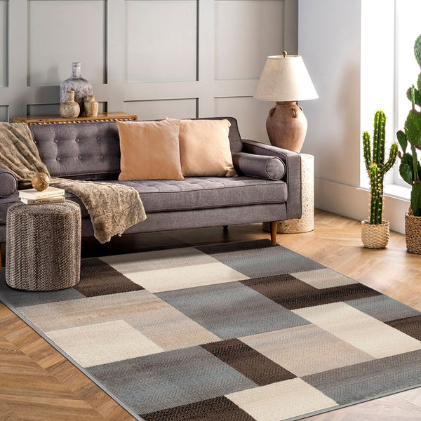 Homeroots 8' Square Grey-brown Square Patchwork Power Loom Stain Resistant Area Rug  Polypropylene 486865
