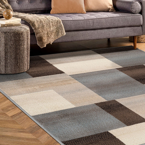 Homeroots 8' Square Grey-brown Square Patchwork Power Loom Stain Resistant Area Rug  Polypropylene 486865