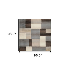 Homeroots 8' Square Grey-brown Square Patchwork Power Loom Stain Resistant Area Rug  Polypropylene 486865