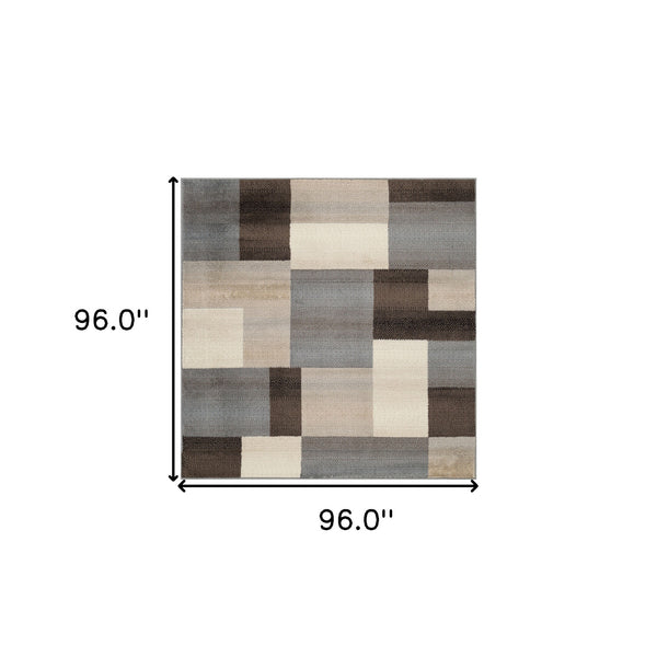 Homeroots 8' Square Grey-brown Square Patchwork Power Loom Stain Resistant Area Rug  Polypropylene 486865