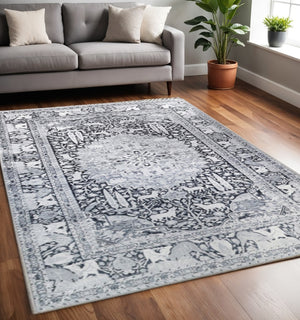 HomeRoots 6' Charcoal and Gray Medallion Area Rug – Timeless Style, Durable, Stain-Resistant for Busy Homes 6' X 9' 486880