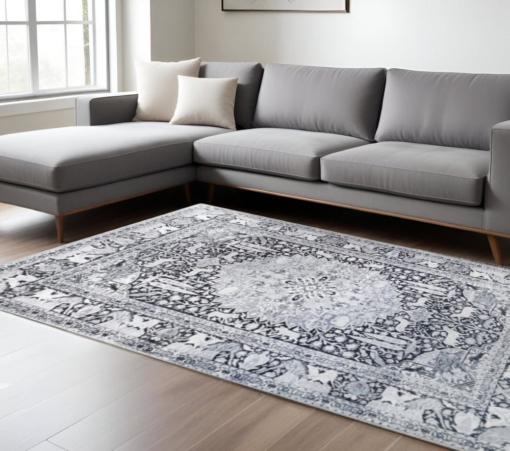 HomeRoots 8' Charcoal and Gray Medallion Area Rug - Timeless Elegance with Stain Resistance for Any Space 8' X 10' 486886