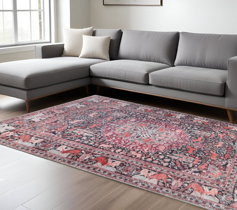 HomeRoots 6' Red and Black Medallion Area Rug – Durable, Stain-Resistant, Perfect for Busy Homes and Stylish Décor 8' X 10' 486887