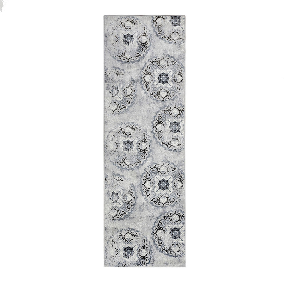 Homeroots 8' Silver And Gray Geometric Medallion Stain Resistant Runner Rug  Microfiber 486896