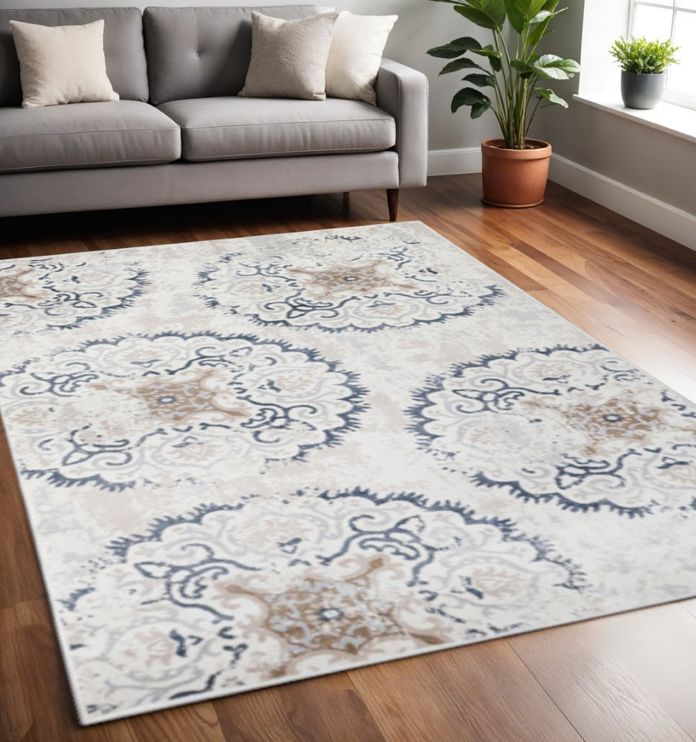 HomeRoots 5' Geometric Area Rug in Ivory, Gray, and Brown – Stylish, Durable, and Soft for High-Traffic Homes 5' X 8' 486897