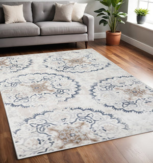 HomeRoots 5' Geometric Area Rug in Ivory, Gray, and Brown – Stylish, Durable, and Soft for High-Traffic Homes 5' X 8' 486897