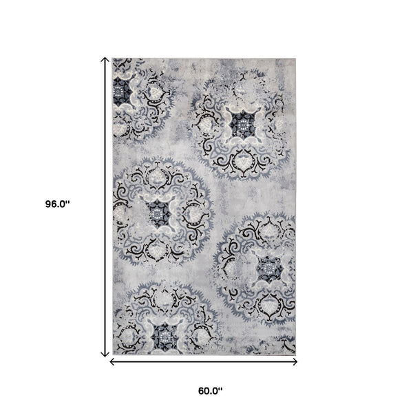 Homeroots 5' X 8' Silver And Gray Geometric Medallion Stain Resistant Area Rug  Microfiber 486898