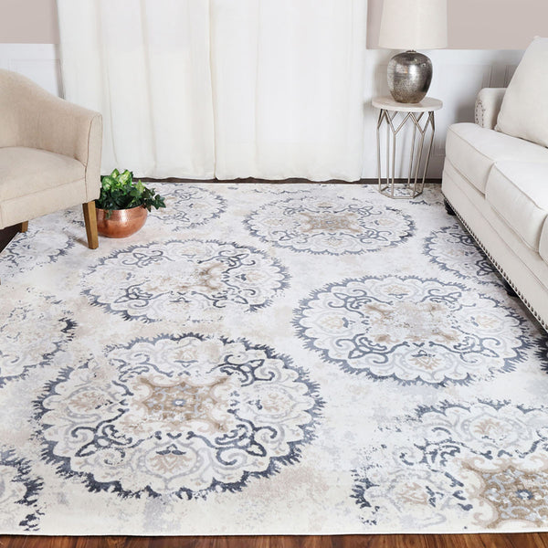 Homeroots 8' X 10' Ivory Geometric Medallion Stain Resistant Area Rug  Microfiber 486899