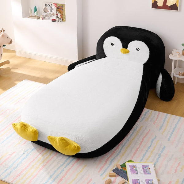 English Elm Twin Penguin Shaped Faux Fur Lounger Bed for Kids Playroom Sponge Filled Floor Chair W1413P384968