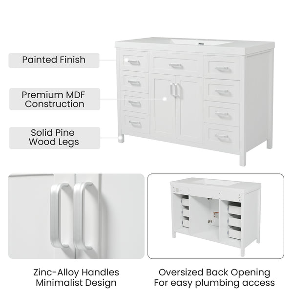 English Elm Christopher Knight Home® - 48" Bathroom Vanity with Sink Combo | 2 Doors 8 Soft-Close Drawers, Resin Top, Pine Legs White N759S337621K