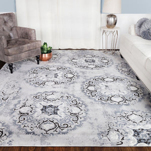 Homeroots 8' X 10' Silver And Gray Geometric Medallion Stain Resistant Area Rug  Microfiber 486900