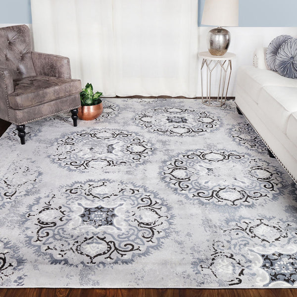 Homeroots 8' X 10' Silver And Gray Geometric Medallion Stain Resistant Area Rug  Microfiber 486900