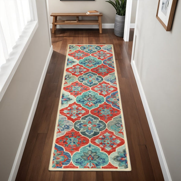 HomeRoots 8' Wool Geometric Hand-Tufted Runner Rug in Blue and Beige for Modern Hallways and High-Traffic Areas 8' Runner 486901