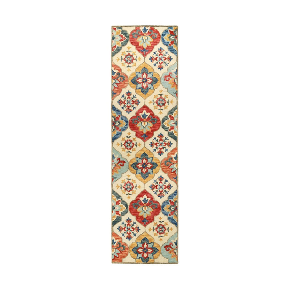HomeRoots 8' Blue and Ivory Geometric Wool Runner Rug – Hand-Tufted Artisanal Design for Modern Spaces 8' Runner 486902